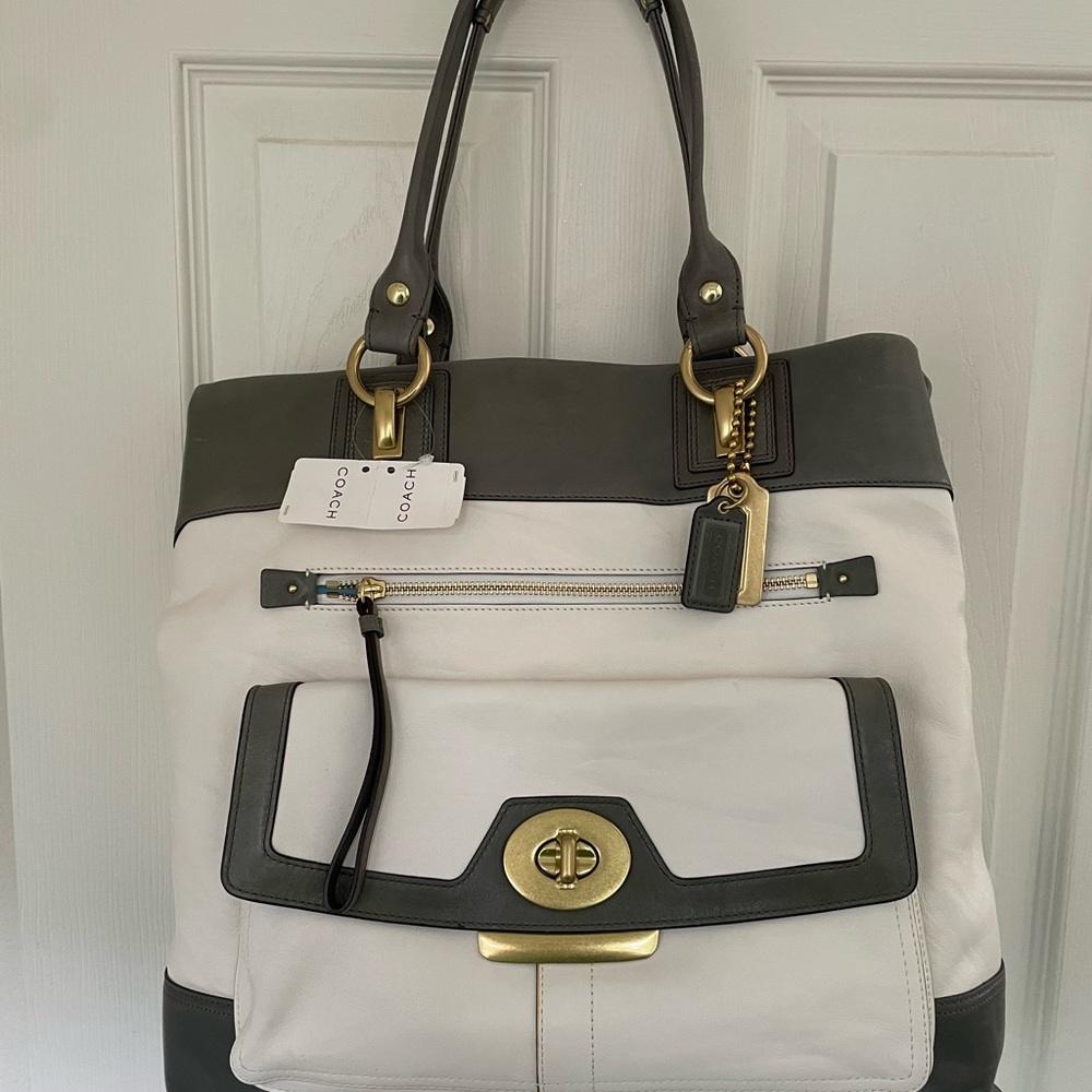 Brand New: Coach Gray and White Shoulder Bag with Structured Elegance